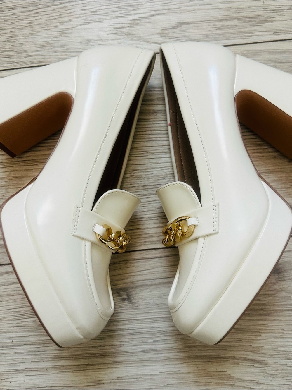 didifu Platform Block Heel Loafers in Cream Gold Chain Accent HB 8